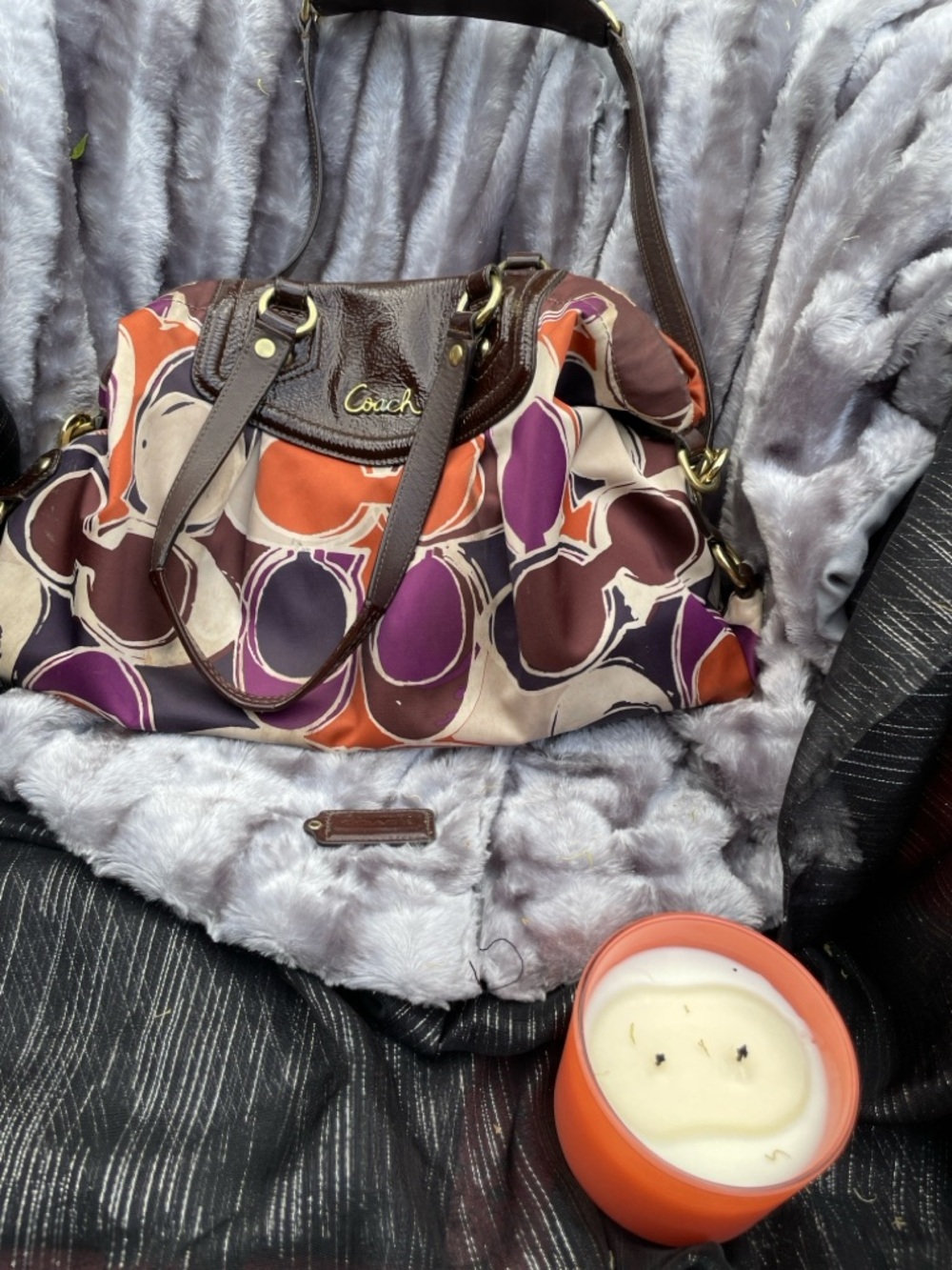 Coach Brown Leather-Trim Shoulder Bag with Multicolor Oval Print